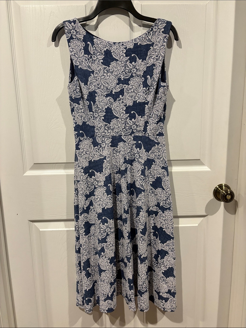 Perceptions Navy and White Floral Lace-Print Dress with Denim Look Bolero - Picture 4 of 5